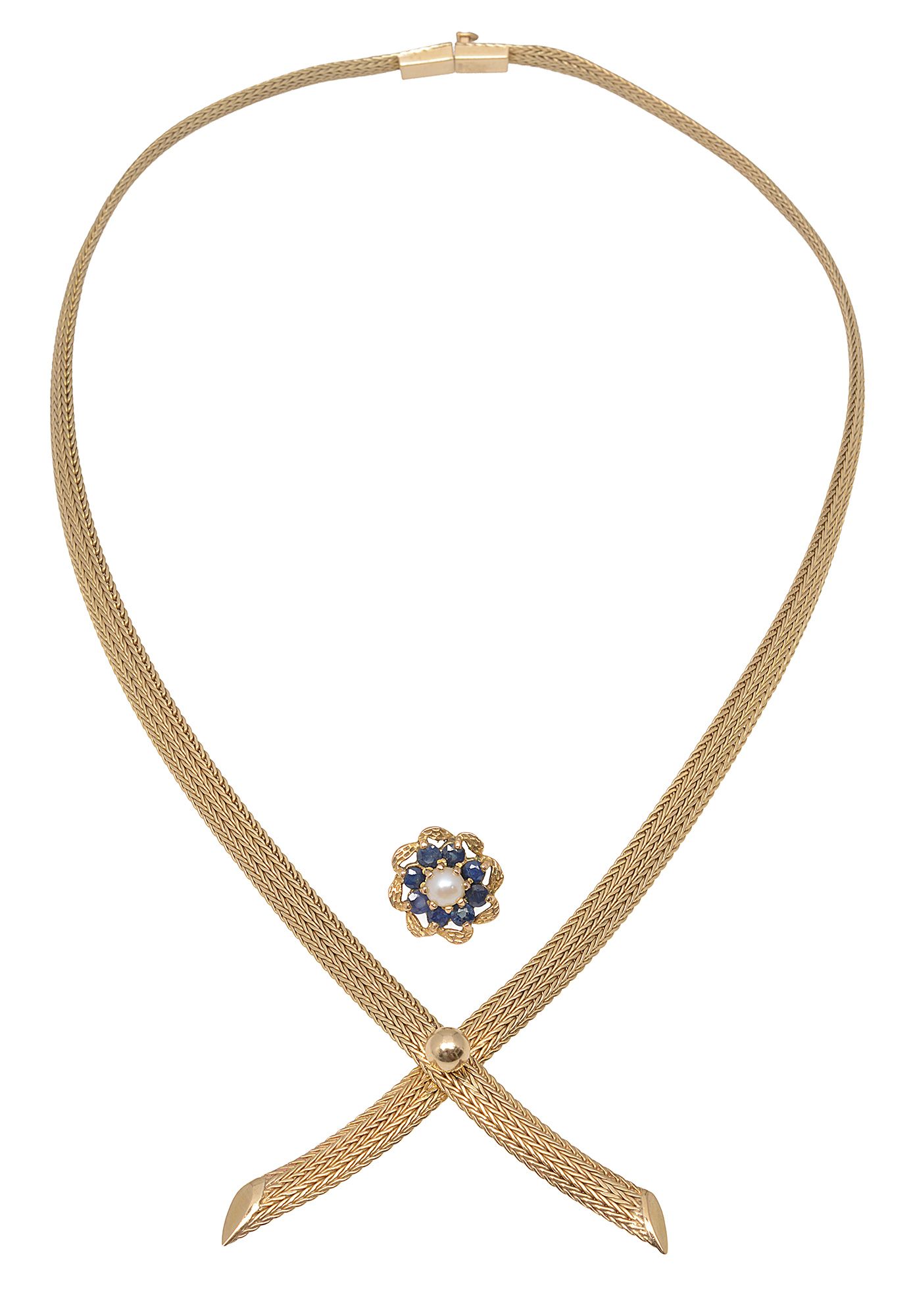 A 9ct yellow gold mesh link cross-over collar necklace