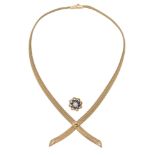 A 9ct yellow gold mesh link cross-over collar necklace