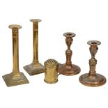 A George III flour dredger 2 pairs of candlesticks