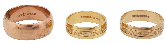 A 18ct gold band together with two 9ct gold bands