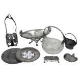 A WMF Art Nouveau silver plated stamp box and pewter items