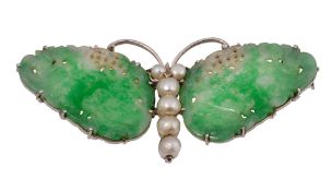 A jadeite and cultured pearl butterfly brooch