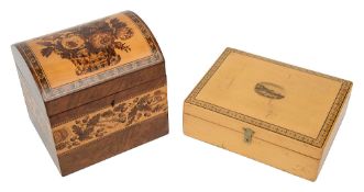 A Tunbridge ware tea caddy and a Mauchlineware box