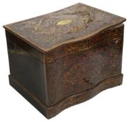 A tortoiseshell and brass inlaid boulle and ebonised decanter box