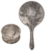 An early 20th C. Continental silver lidded box and a hand mirror