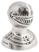 A late Victorian novelty silver knights mailed helmet pepper pot