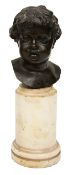 A 19th century continental patinated bronze bust of a putto