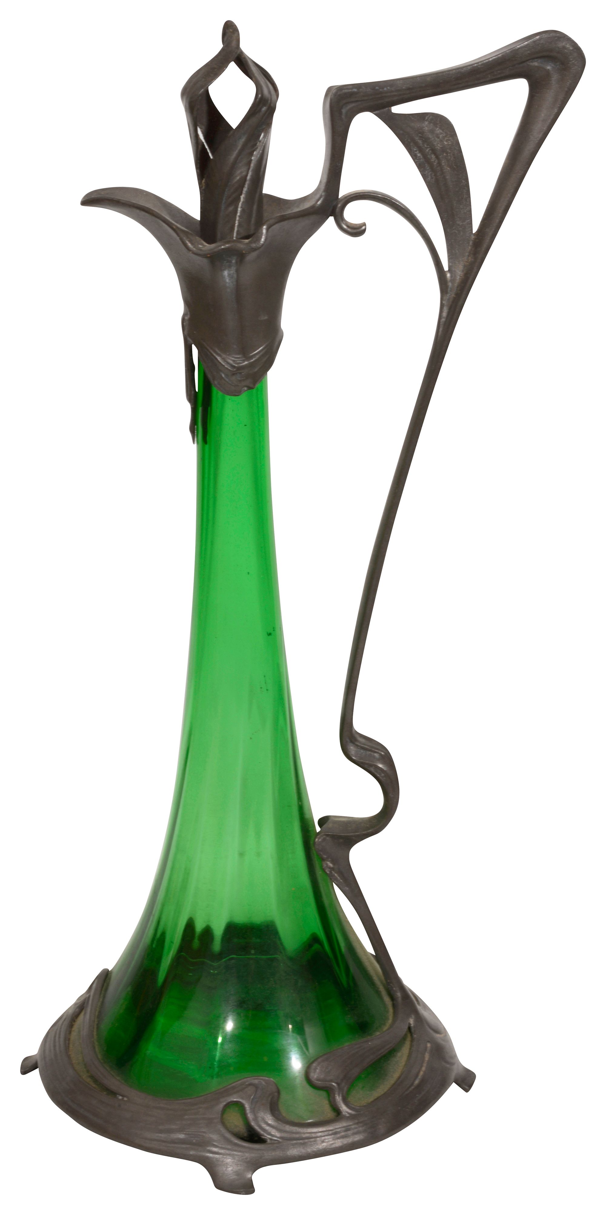 An Art Nouveau continental pewter and green glass claret jug c.1900