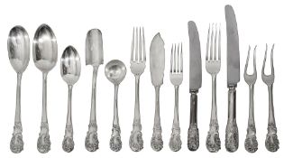Twelve setting silver shell and scroll pattern canteen of flatware