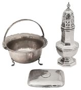 A silver sugar caster, a swing handled sugar basket & cigarette case