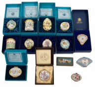 A collection of Bilston and Battersea enamel patch boxes and others