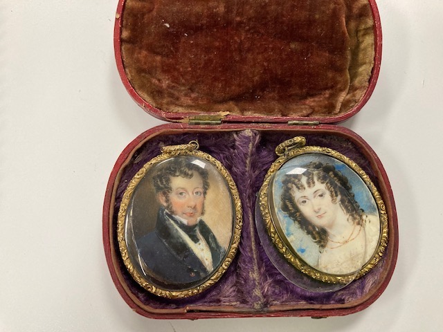 Early 19th century School. A cased pair of portrait miniatures c.1830 - Image 6 of 6