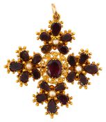 A garnet, seed pearl and yellow gold brooch/pendant,