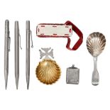 Silver to include caddy spoons, a stamp case and propelling pencils