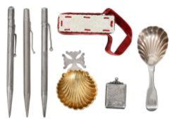 Silver to include caddy spoons, a stamp case and propelling pencils