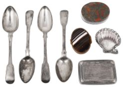A George III snuff box, fiddle pattern teaspoons and other items