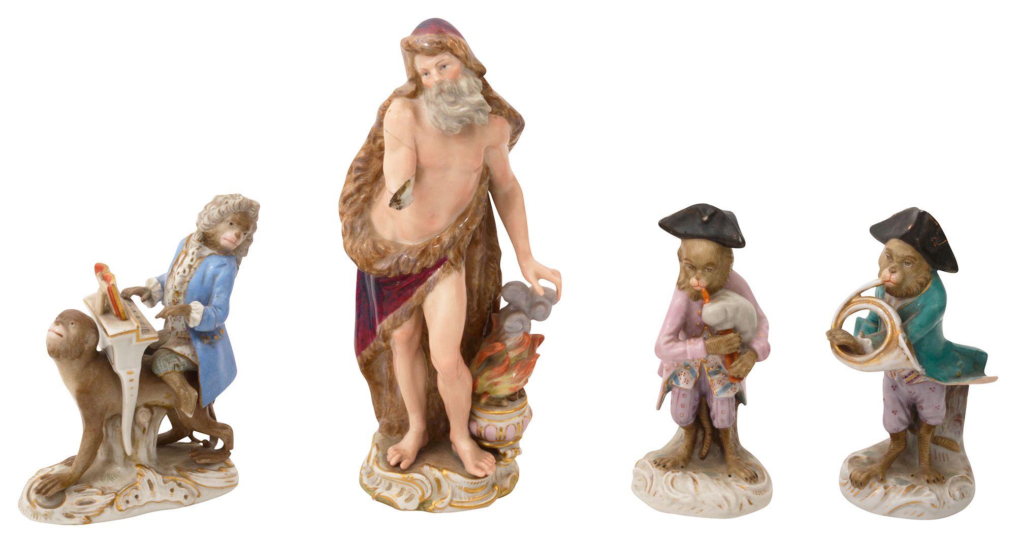 Two Meissen figures and two other monkey band figures