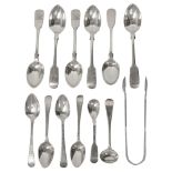 Silver teaspoons and a pair of sugar tongs