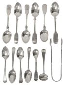 Silver teaspoons and a pair of sugar tongs