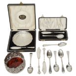 A set of six silver teaspoons, a butter dish and other silver