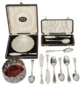 A set of six silver teaspoons, a butter dish and other silver