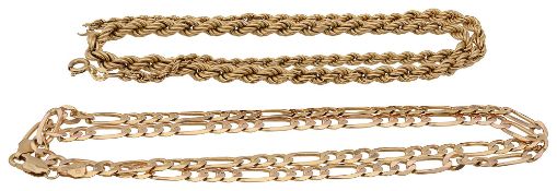 A 9ct gold fetter and three flattened curb link chain