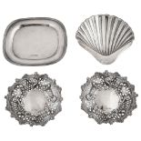 A silver butter dish, a pair of bonbon dishes and a stand