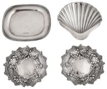 A silver butter dish, a pair of bonbon dishes and a stand