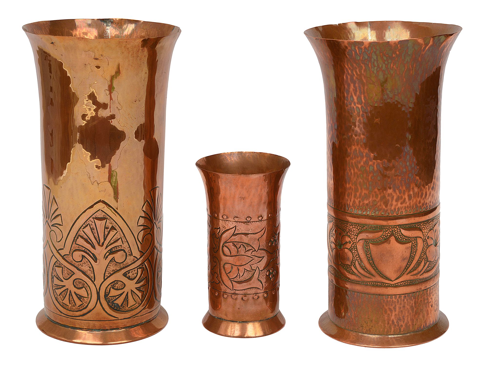 Three hammered copper Arts & Crafts vases