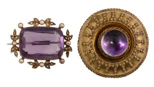 Two mid/late Victorian amethyst and yellow gold brooches