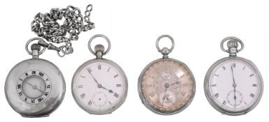 A Victorian silver open faced fusee pocket watch, three others