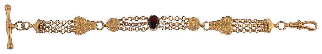 A Continental 9ct gold and garnet fancy link leontine watch chain