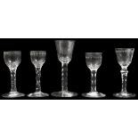 Five late 18th century facet stem wine glasses