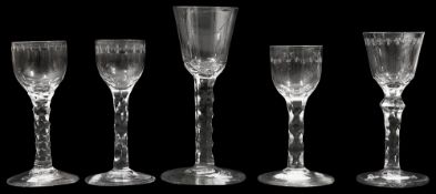 Five late 18th century facet stem wine glasses