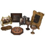 An Art Nouveau bronze dish, photograph frames and other items