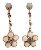 A pair of opal and diamond-set flowerhead cluster ear pendants