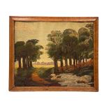 A woolwork landscape of a wooded scene