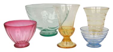 James Powell & Sons Whitefriars. Five pieces of 1930s coloured glass