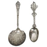 A silver-gilt Dutch ship terminal spoon and a French serving spoon