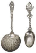 A silver-gilt Dutch ship terminal spoon and a French serving spoon