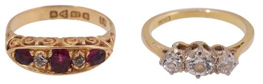 A diamond three stone ring & a ruby and diamond five stone ring