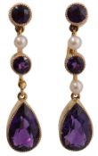 A pair of amethyst and seed pearl ear pendants,
