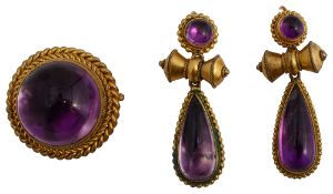A mid Victorian pair of amethyst and gilt ear pendants