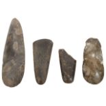 Four Neolithic polished flint and stone axe heads