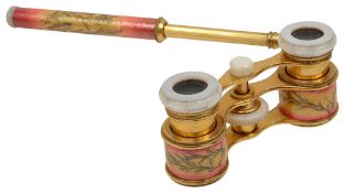 A pair of French brass, enamel and mother of pearl opera glasses