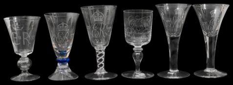 Whitefriars engraved commemorative glass goblets