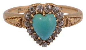 A Victorian heart shaped diamond and turquoise set ring