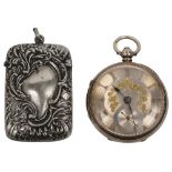 A Victorian silver pocket watch and a silver plated vesta case