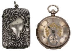 A Victorian silver pocket watch and a silver plated vesta case