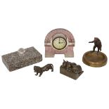 A glass desk clock, a cold painted spelter Daschshund, others items